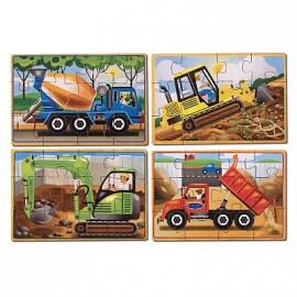 Melissa & Doug - Set 4 puzzle lemn in cutie - Vehicule pentru constructii