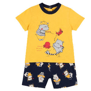 Costumas copii Chicco, tricou si pantaloni, albastru cu galben, 76622