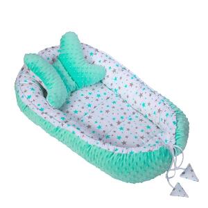 Baby Nest multifunctional cu doua tipuri de material Minky Turquoise Stars