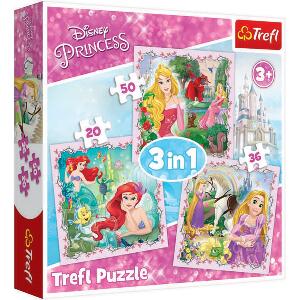 Puzzle 3 in 1 Trefl, Disney Princess, Rapunzel, Aurora si Ariel (20, 36, 50 piese)