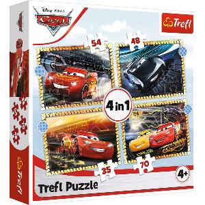 Puzzle 4 in 1, Trefl, Pe locuri, fiti gata, start, Disney Cars 3 (35, 48, 54 si 70 piese)