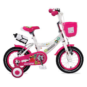 Bicicleta pentru fetite cu roti ajutatoare si cosulet 12 inch Little Monster Pink