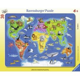 Puzzle harta lumii cu animale 30 piese
