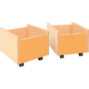 Cutie din lemn portocalie pe roti