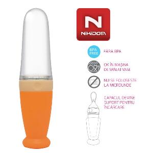 Lingurita din silicon cu recipient hrana si dozare Nikidom Spoon portocaliu fara BPA +4 luni