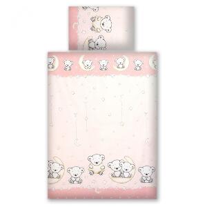 Set lenjerie din bumbac cu protectie laterala pentru pat bebelusi 120x60 cm Teddy Bear Pink